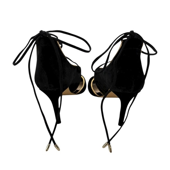 Lord & Taylor Lace Up Peep Toe Heels Sz 8 EU 38 Black Velvet Gold Stiletto - Picture 5 of 8